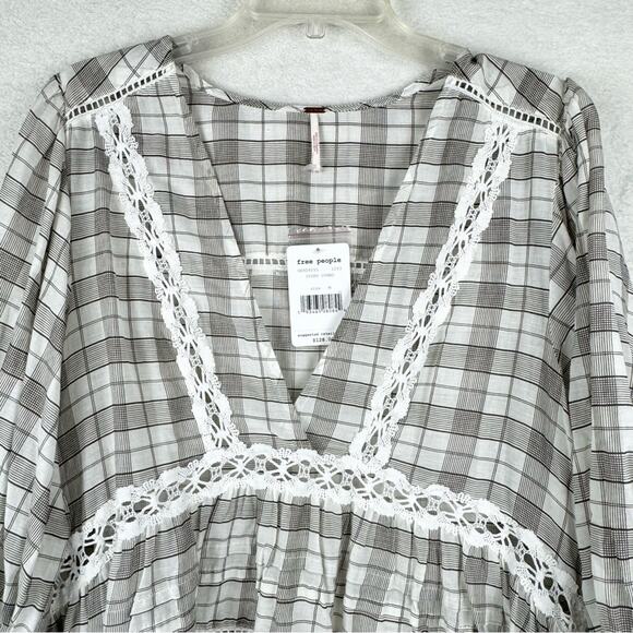 NWT Free People Time Out Lace Trim Plaid Puff Sleeve Trapeze Tunic Blouse Sz M - Picture 7 of 15
